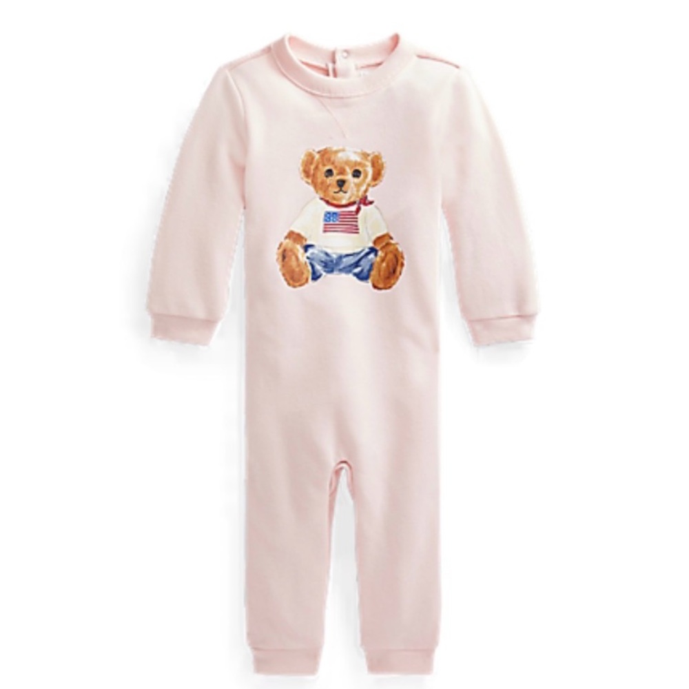 Ralph Lauren Baby Girl Pink Polo Teddy Bear Cotton Fleece Coverall Romper 9 Mo